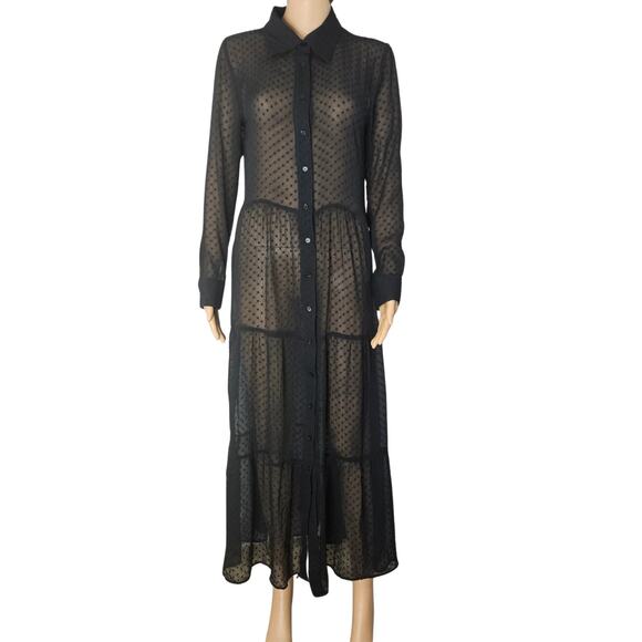 Black Sheer Polka Dot A Line Button Up Collar Shirt Dress Size 8 US 40 EUR - Picture 1 of 11